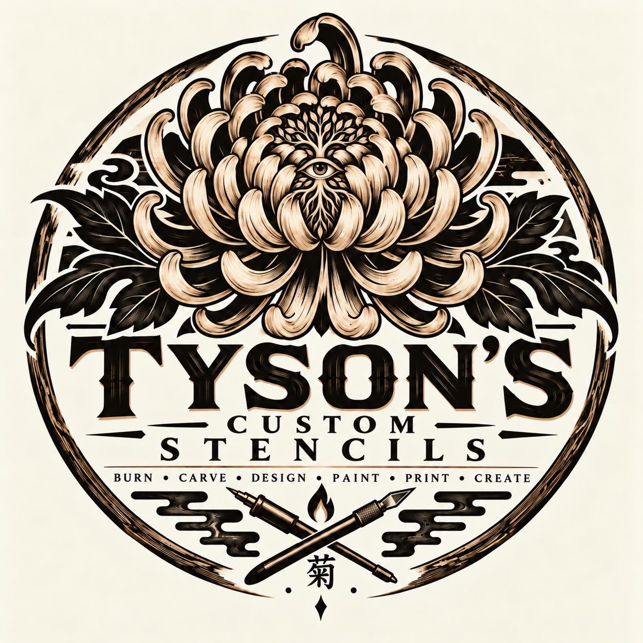 Tyson’s Custom Stencils chrysanthemum and eye emblem