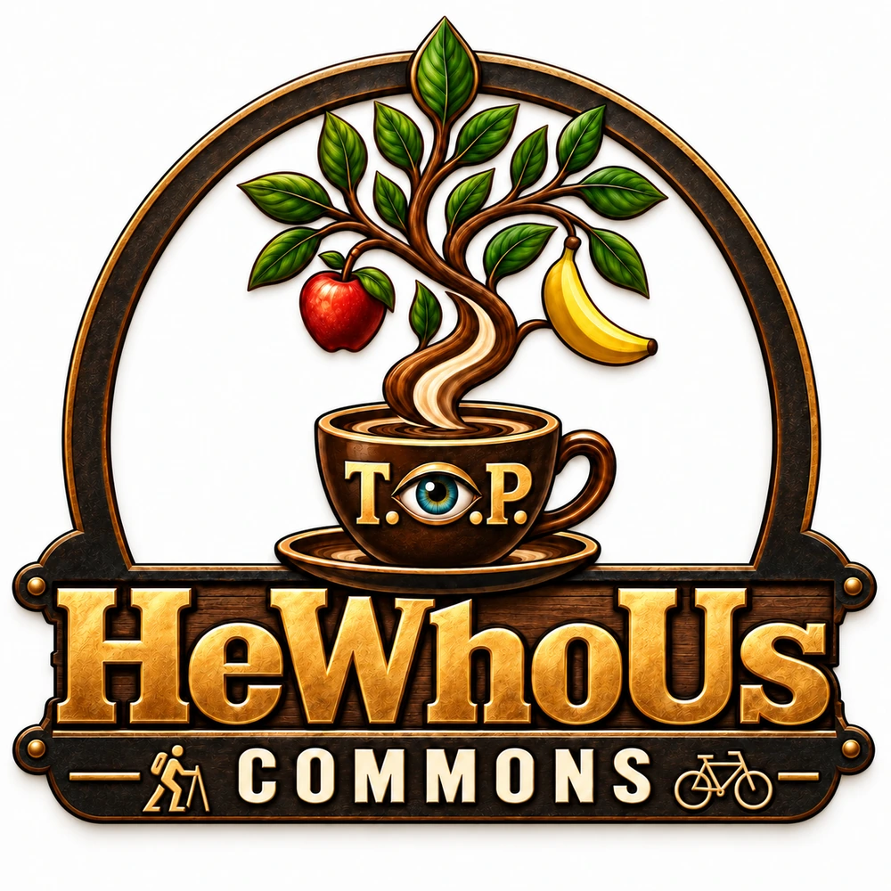 HeWhoUs Commons logo: a fruit-bearing tree grows from a T.O.P. coffee cup with an eye, above walking and bicycle symbols.