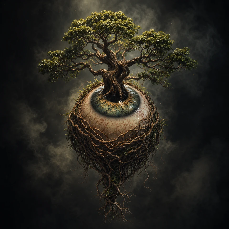 A tree grows from the iris of an eye, its roots holding a floating world.