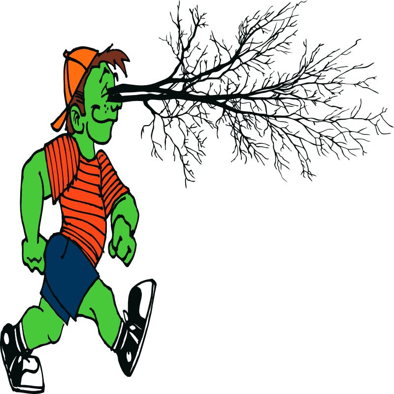 An early green walking character in an orange cap and shirt, with branches growing from the eyes